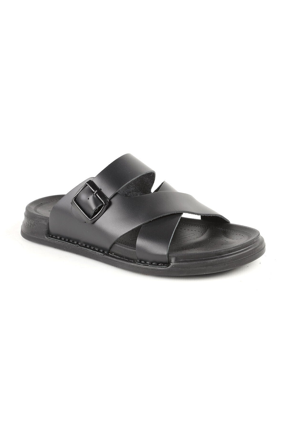 L014.253 Genuine Antique Leather Adjustable Buckle Cross-Strapped Anatomical Eva Sole Men's Slippers - MALLTURK