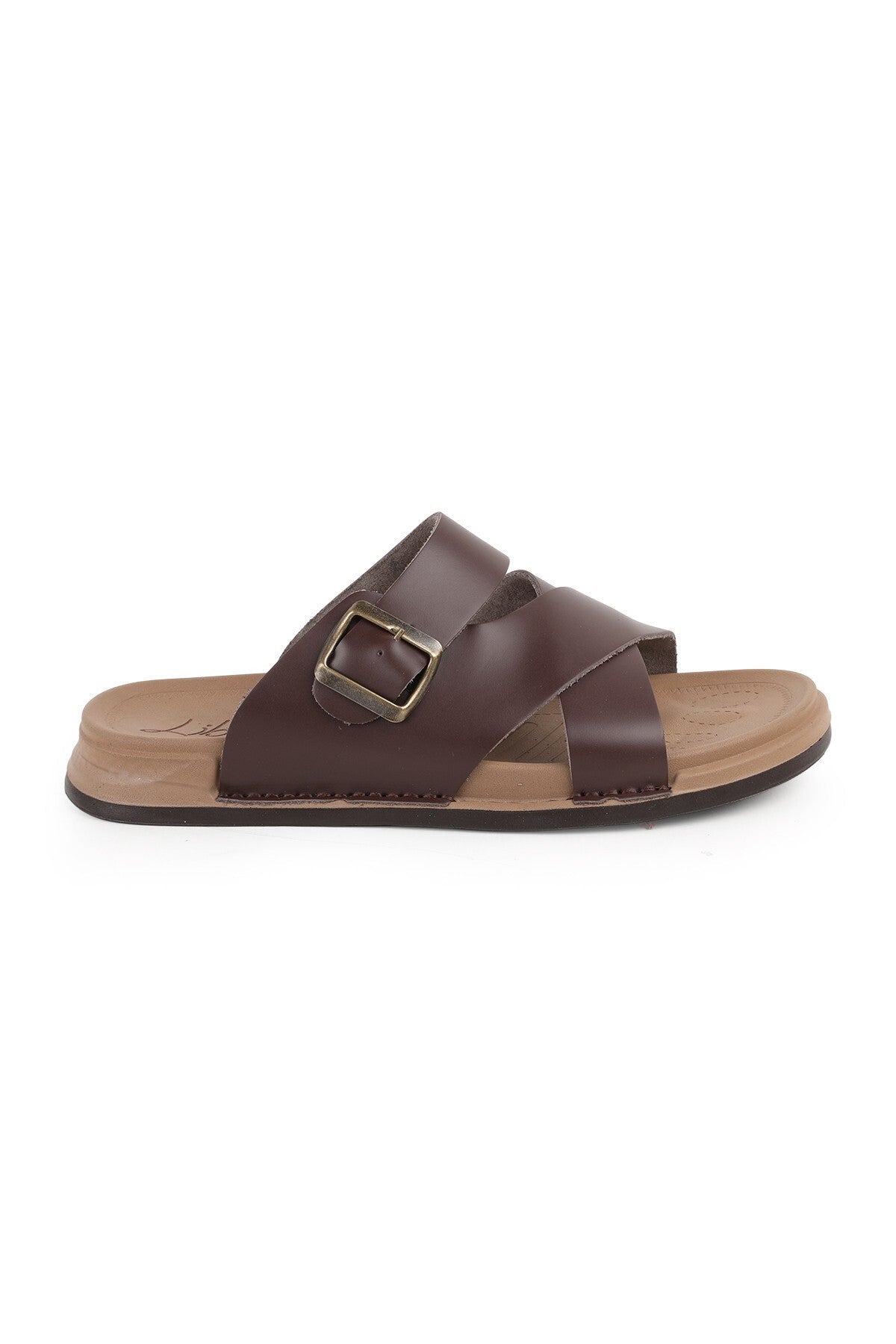 L014.253 Genuine Antique Leather Adjustable Buckle Cross-Strapped Anatomical Eva Sole Men's Slippers - MALLTURK