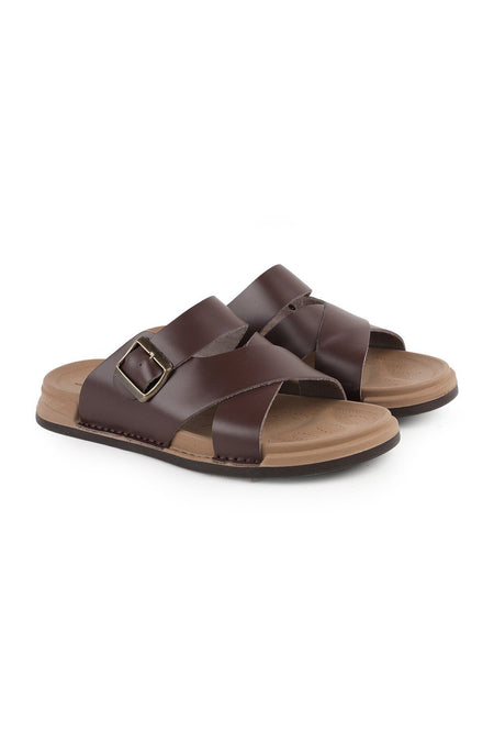 L014.253 Genuine Antique Leather Adjustable Buckle Cross-Strapped Anatomical Eva Sole Men's Slippers - MALLTURK