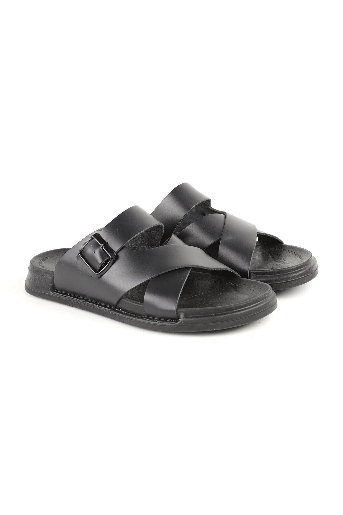 L014.253 Genuine Antique Leather Adjustable Buckle Cross-Strapped Anatomical Eva Sole Men's Slippers - MALLTURK
