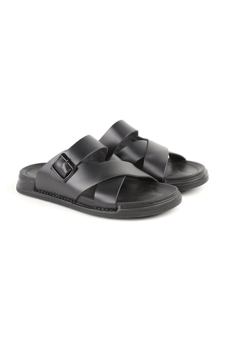 L014.253 Genuine Antique Leather Adjustable Buckle Cross-Strapped Anatomical Eva Sole Men's Slippers - MALLTURK
