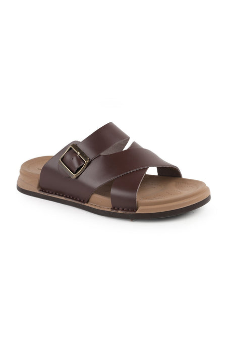 L014.253 Genuine Antique Leather Adjustable Buckle Cross-Strapped Anatomical Eva Sole Men's Slippers - MALLTURK