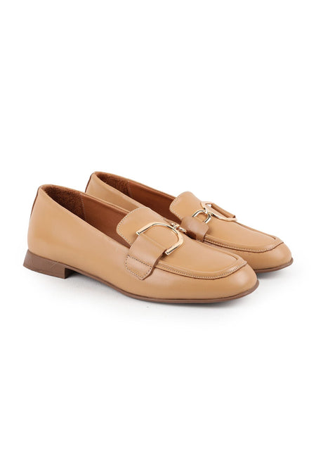 L031 Women's Tan Genuine Antique Leather Gold Buckle Flat Sole Classic Loafer Ballet Flats - MALLTURK