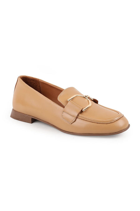 L031 Women's Tan Genuine Antique Leather Gold Buckle Flat Sole Classic Loafer Ballet Flats - MALLTURK