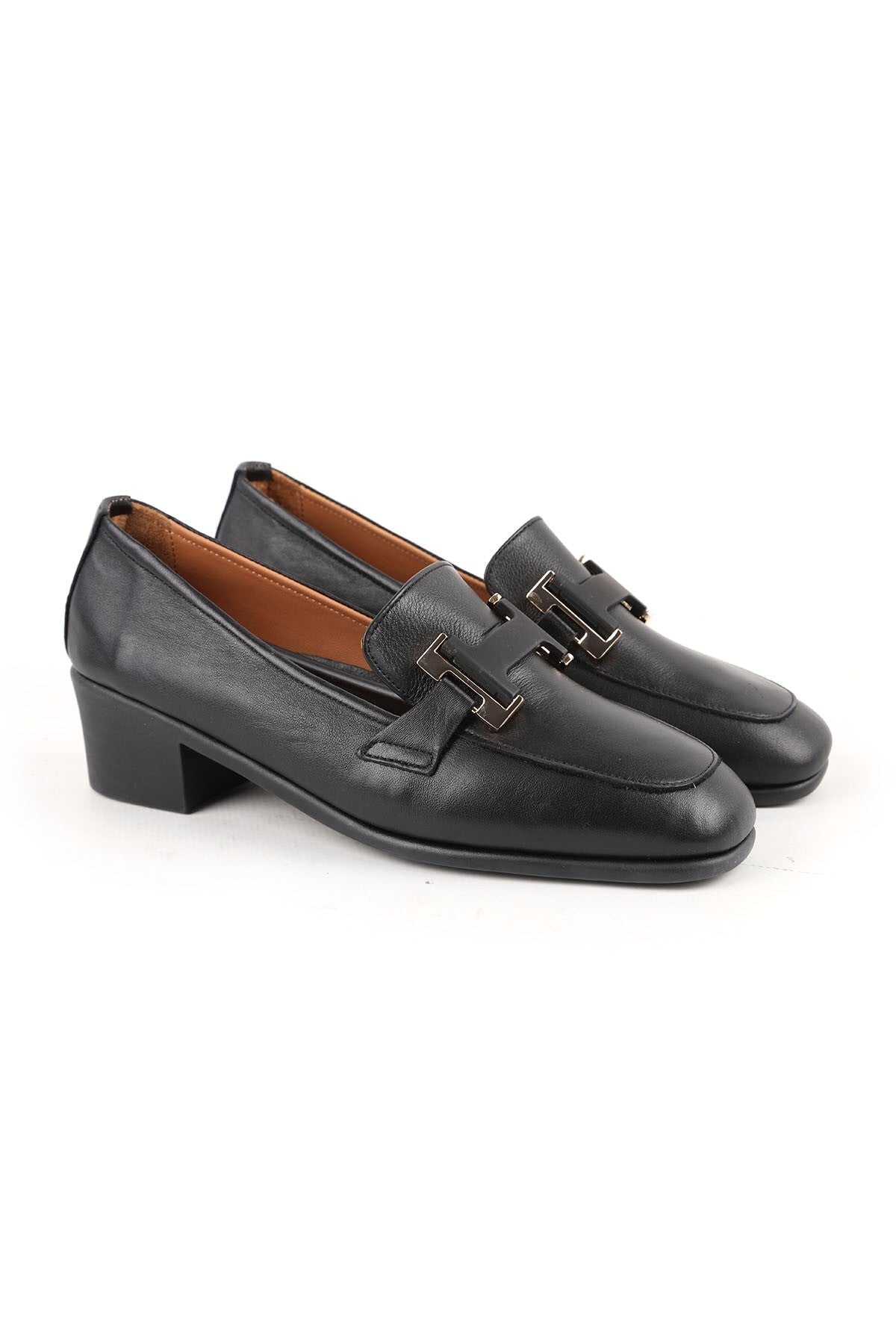 L031.26143249 Women's Genuine Leather Metal H Buckle Thick Heeled Classic Loafer Shoes - MALLTURK