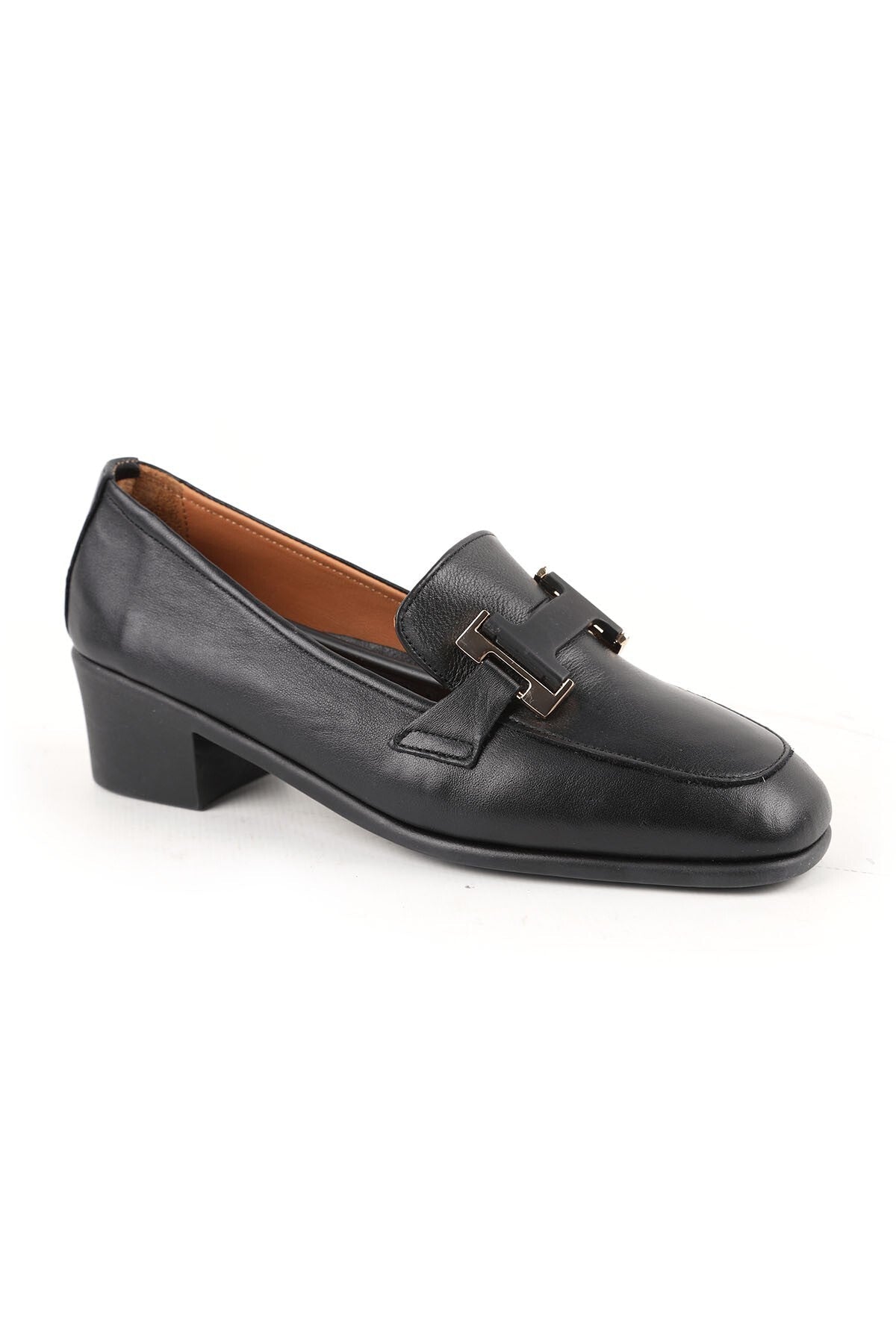 L031.26143249 Women's Genuine Leather Metal H Buckle Thick Heeled Classic Loafer Shoes - MALLTURK