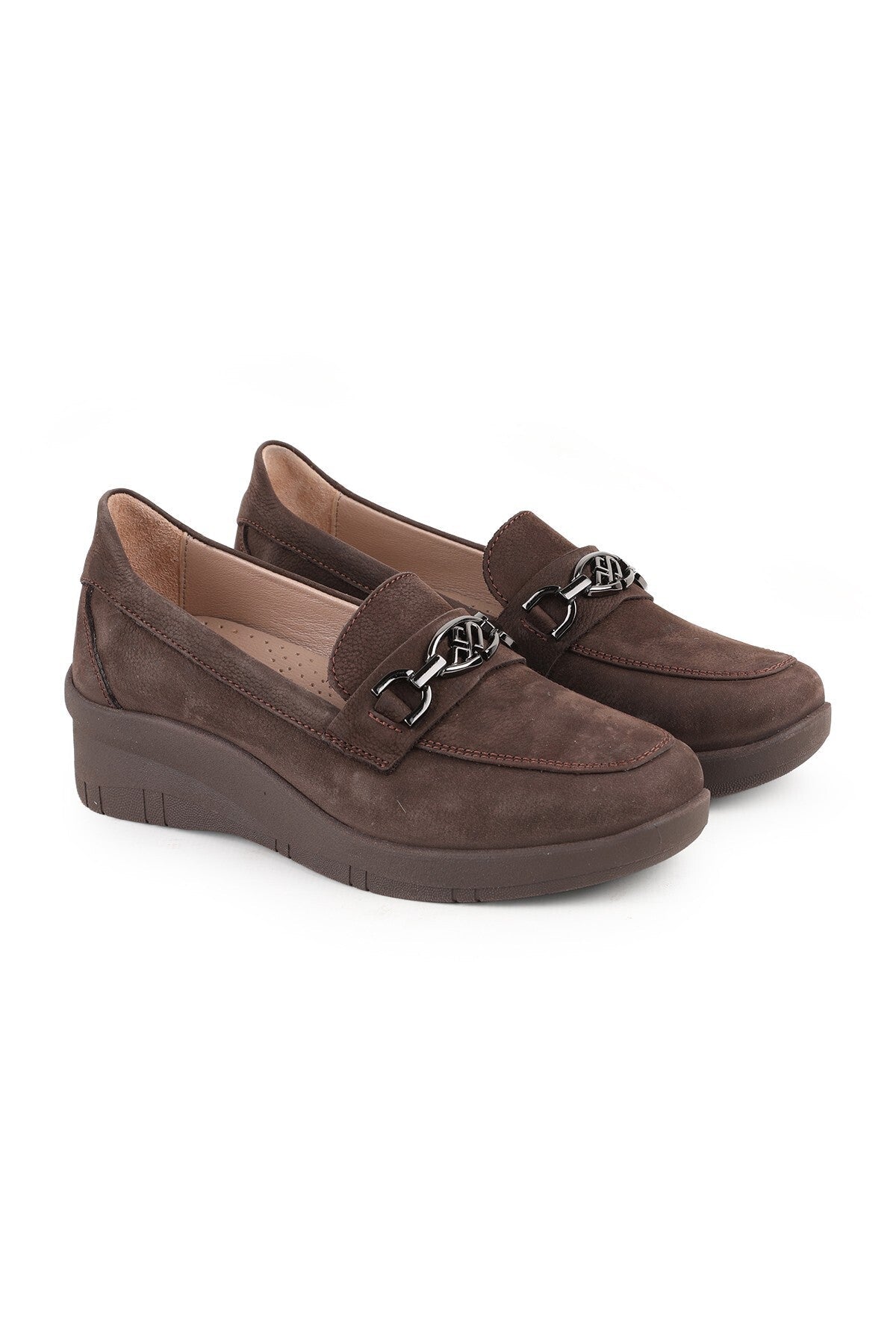 L04.722-T Genuine Nubuck Leather Chain Accessory Wedge Heel Thermo Sole Women's Comfort Loafer - MALLTURK