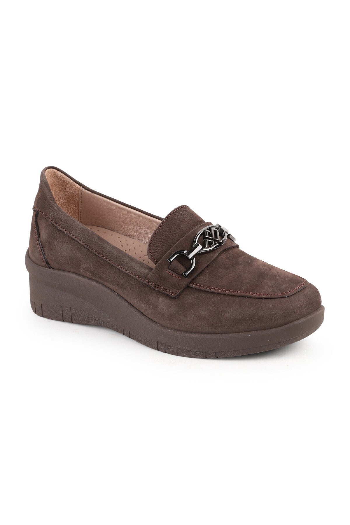 L04.722-T Genuine Nubuck Leather Chain Accessory Wedge Heel Thermo Sole Women's Comfort Loafer - MALLTURK