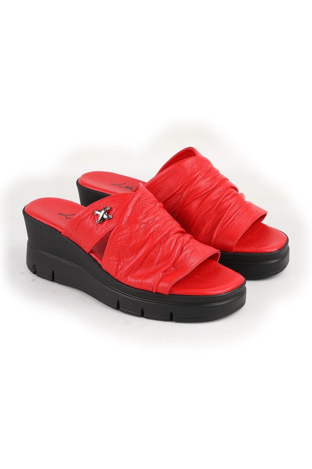 L060.284 Genuine Leather Comfortable Women's Slippers with Padded Heels - MALLTURK