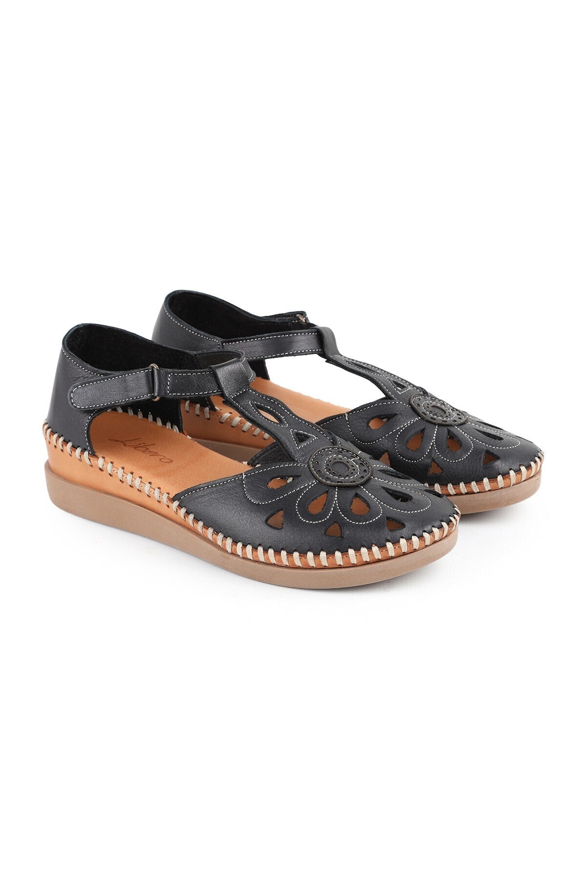 L069.702 Genuine Leather Floral T-Strap Comfortable Women's Sandals - MALLTURK