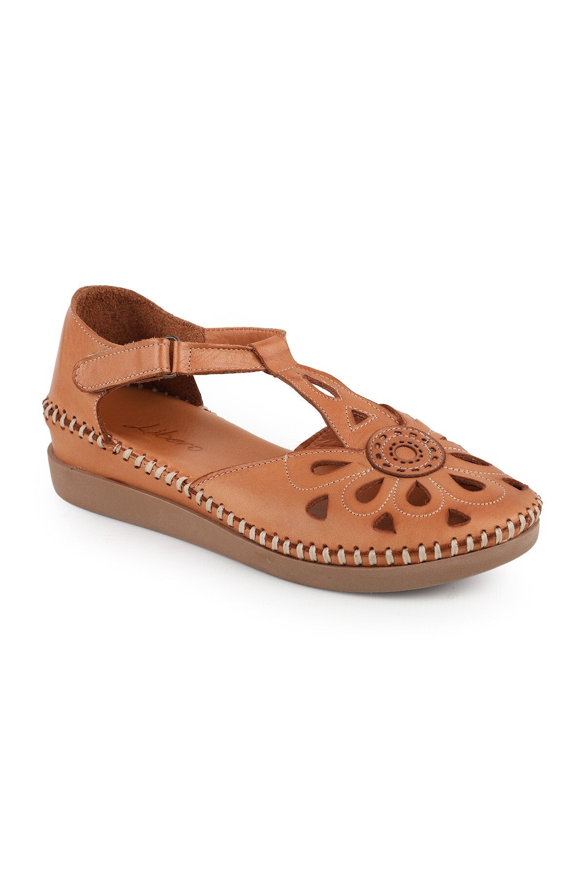 L069.702 Genuine Leather Floral T-Strap Comfortable Women's Sandals - MALLTURK