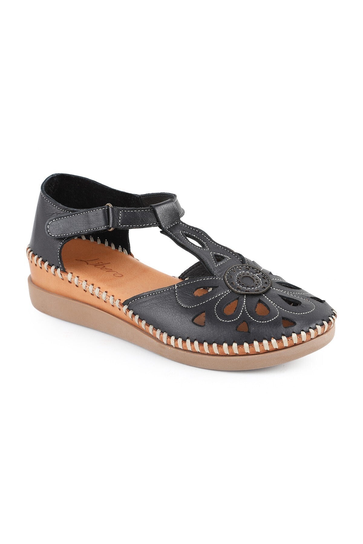 L069.702 Genuine Leather Floral T-Strap Comfortable Women's Sandals - MALLTURK