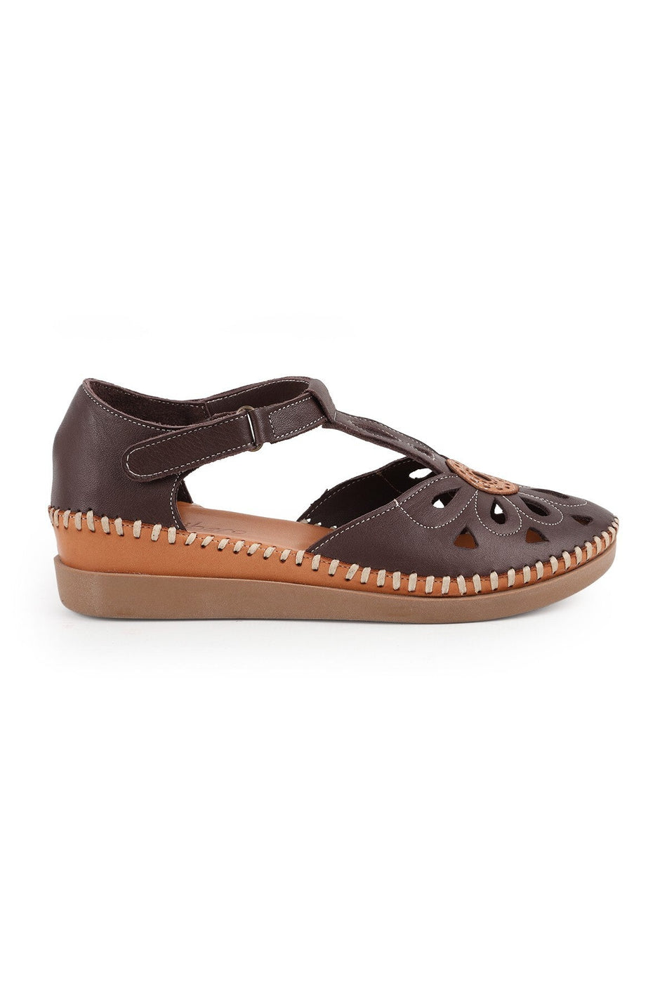 L069.702 Genuine Leather Floral T-Strap Comfortable Women's Sandals - MALLTURK