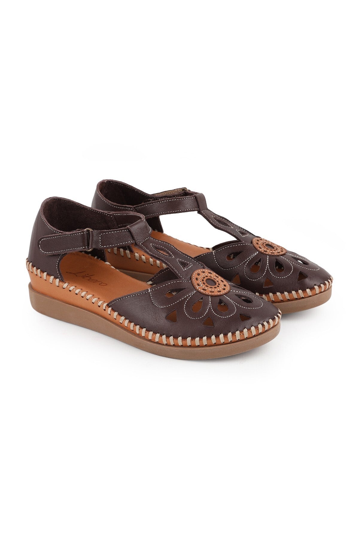 L069.702 Genuine Leather Floral T-Strap Comfortable Women's Sandals - MALLTURK