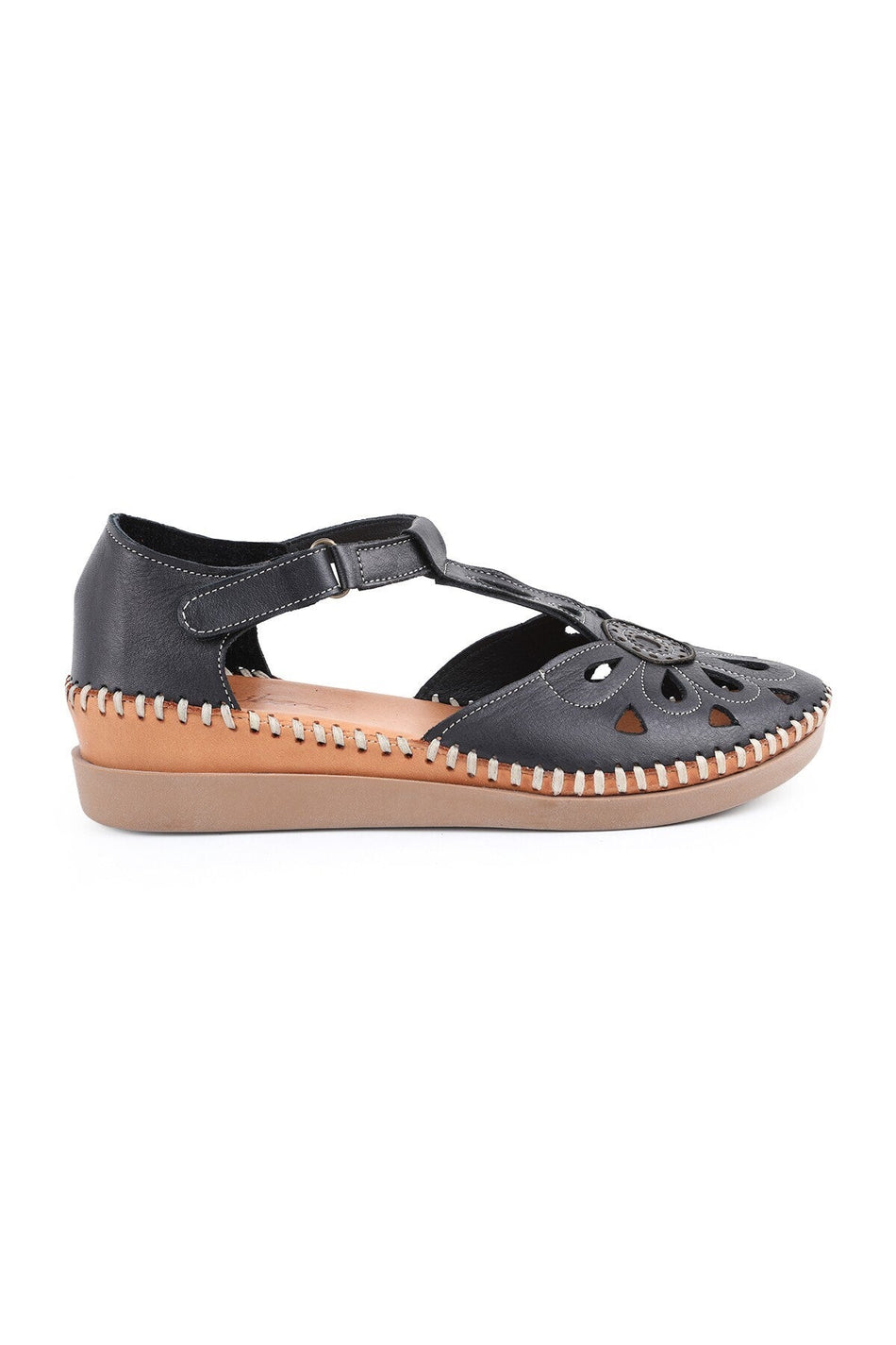 L069.702 Genuine Leather Floral T-Strap Comfortable Women's Sandals - MALLTURK