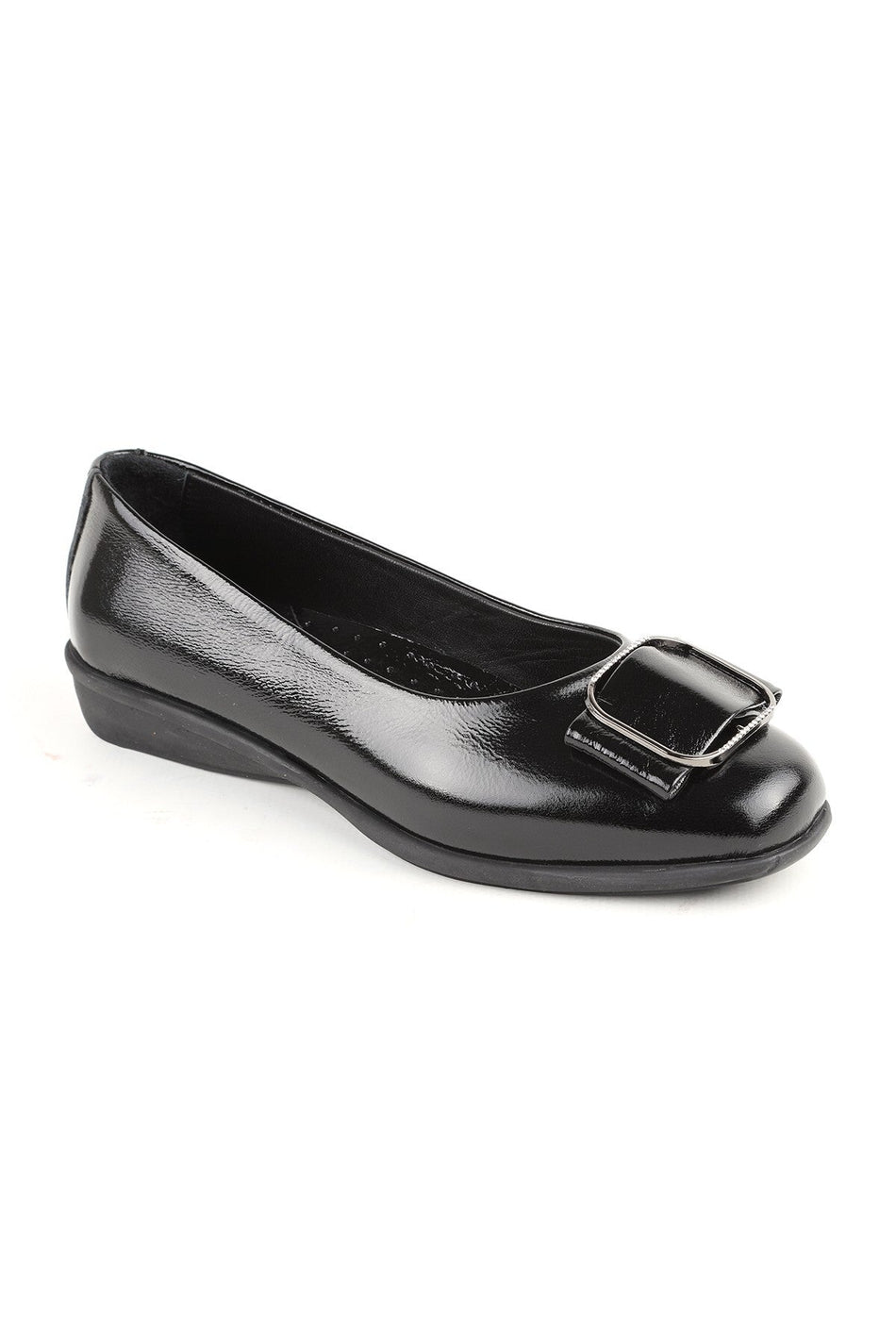 L076.3101 Black Genuine Patent Leather Buckle Flexible Rubber Sole Women's Loafer - MALLTURK