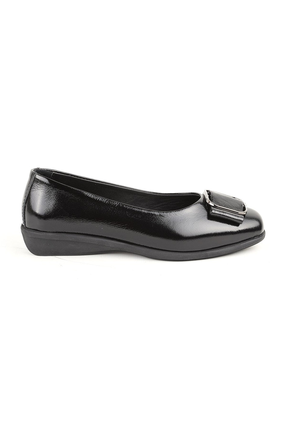 L076.3101 Black Genuine Patent Leather Buckle Flexible Rubber Sole Women's Loafer - MALLTURK