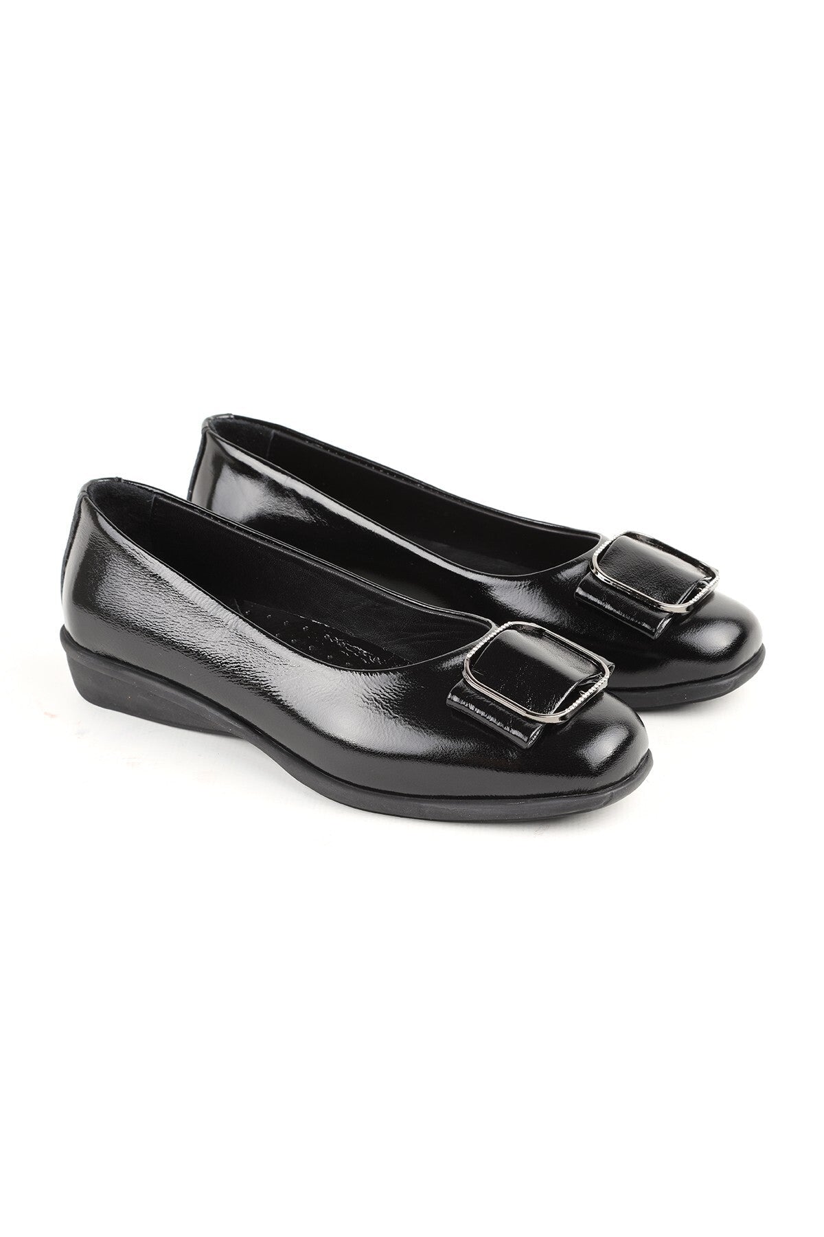 L076.3101 Black Genuine Patent Leather Buckle Flexible Rubber Sole Women's Loafer - MALLTURK