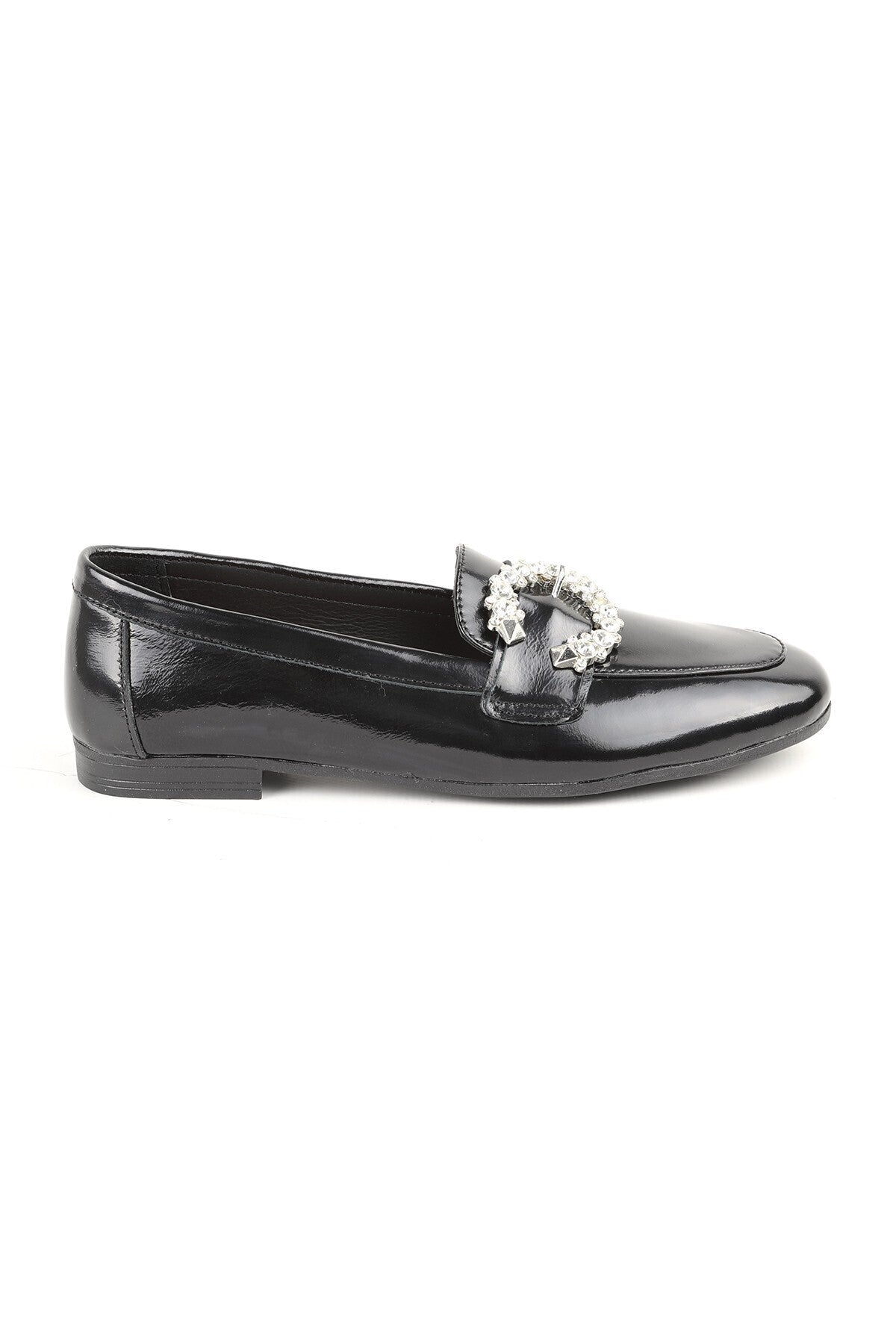 L081.24214 Black Shiny Patent Leather Thermo Sole Women's Stylish Loafer Shoes with Big Stone Buckle - MALLTURK