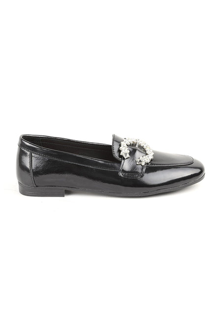 L081.24214 Black Shiny Patent Leather Thermo Sole Women's Stylish Loafer Shoes with Big Stone Buckle - MALLTURK