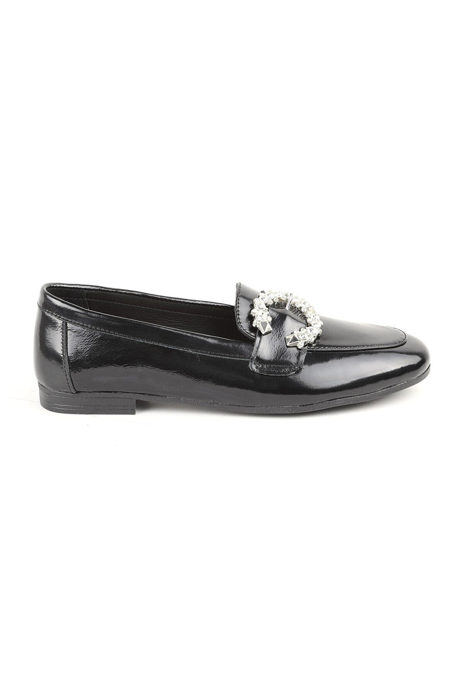 L081.24214 Black Shiny Patent Leather Thermo Sole Women's Stylish Loafer Shoes with Big Stone Buckle - MALLTURK