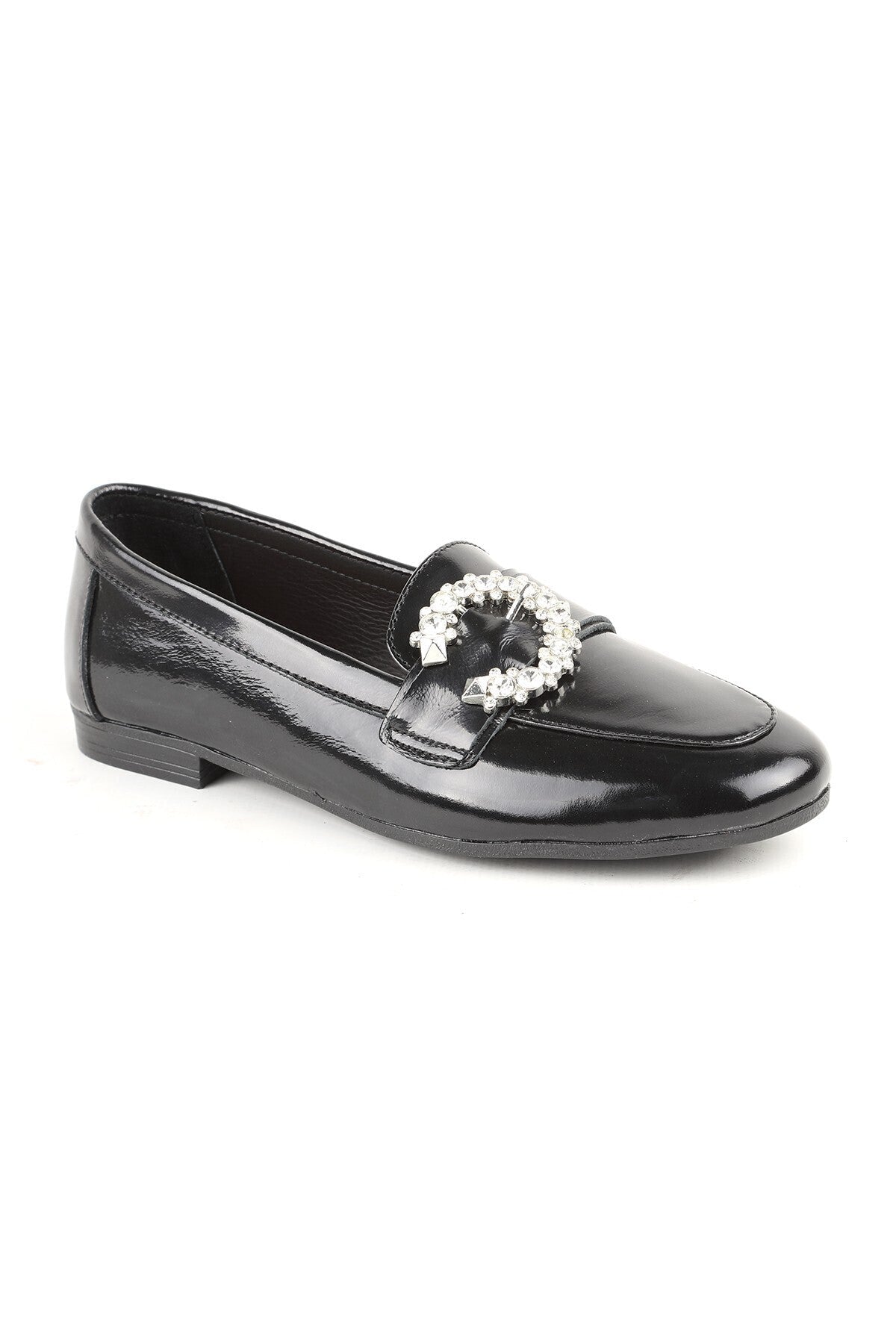 L081.24214 Black Shiny Patent Leather Thermo Sole Women's Stylish Loafer Shoes with Big Stone Buckle - MALLTURK