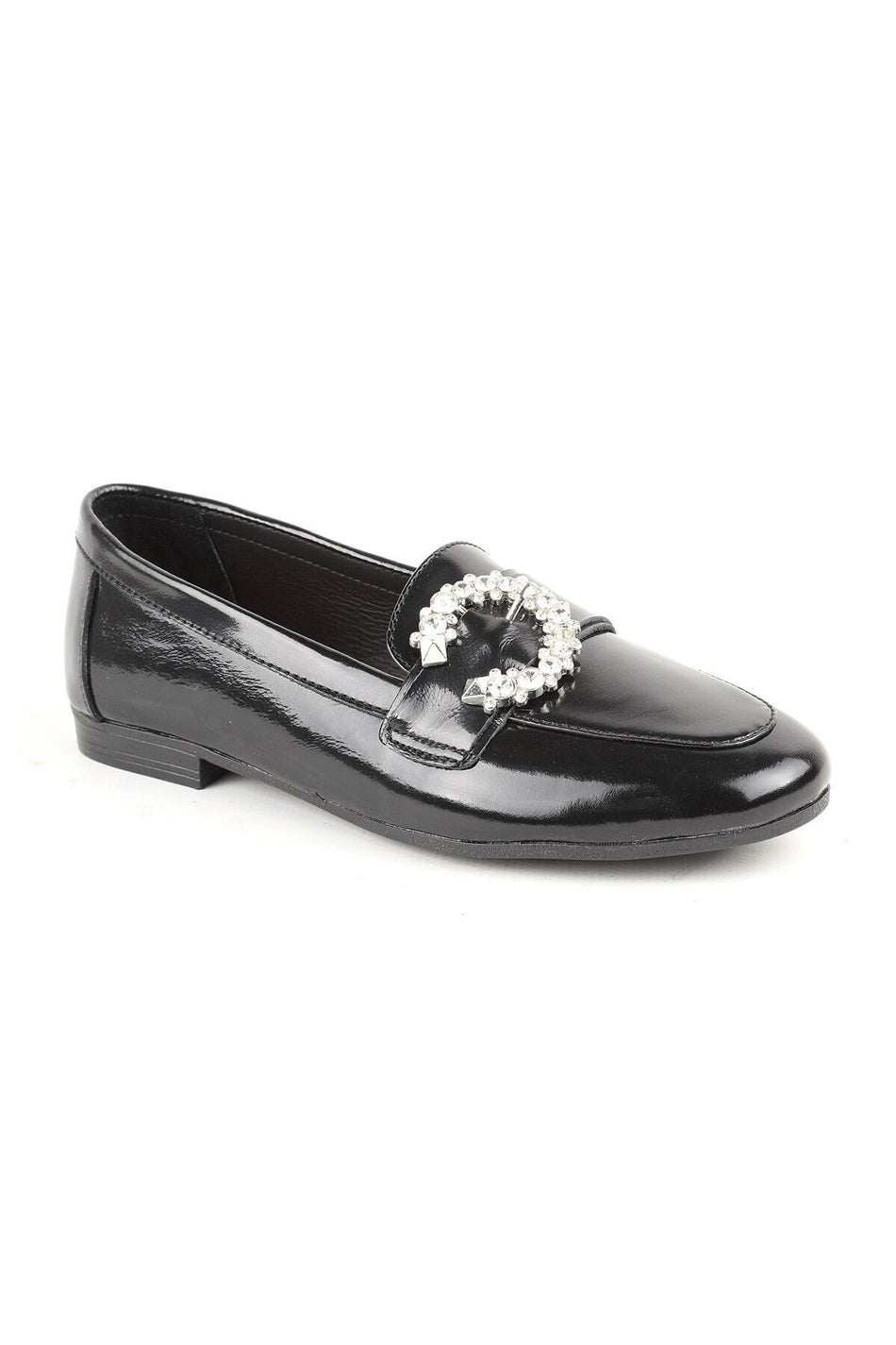 L081.24214 Black Shiny Patent Leather Thermo Sole Women's Stylish Loafer Shoes with Big Stone Buckle - MALLTURK