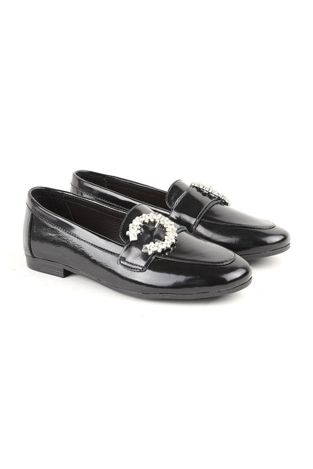 L081.24214 Black Shiny Patent Leather Thermo Sole Women's Stylish Loafer Shoes with Big Stone Buckle - MALLTURK