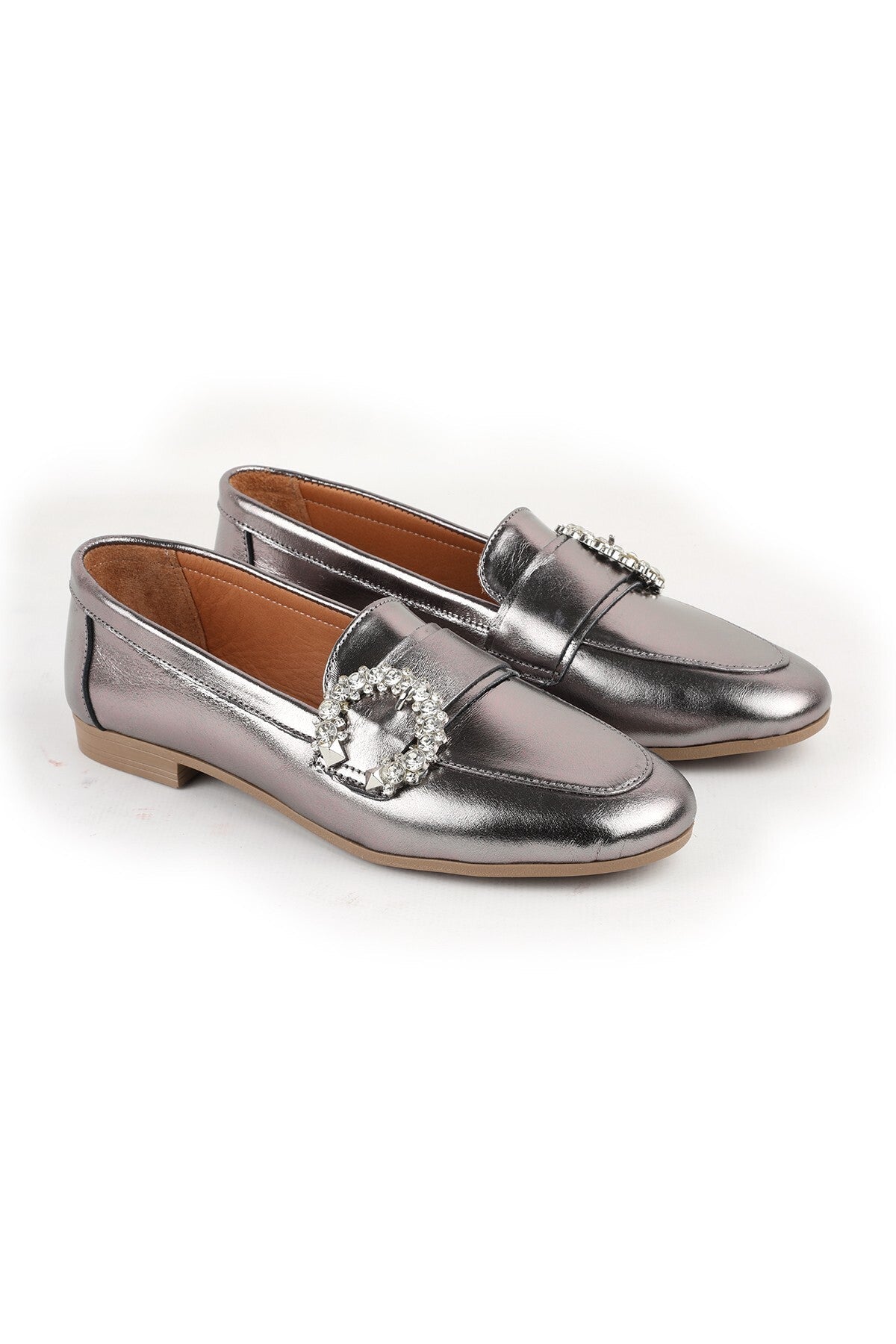 L081.24214 Metallic Genuine Leather Stone Buckle Flexible Thermo Sole Women's Loafer - MALLTURK