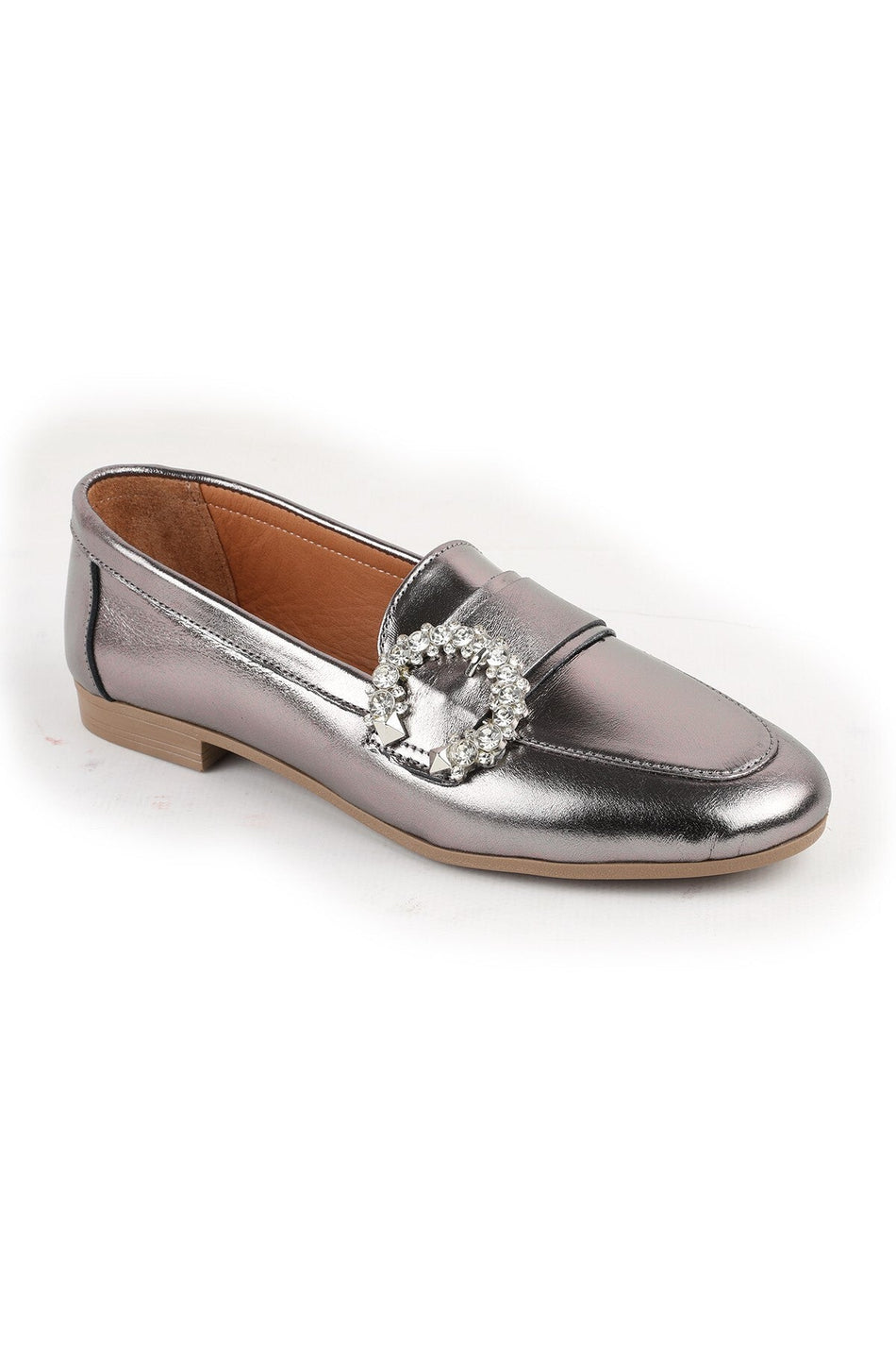 L081.24214 Metallic Genuine Leather Stone Buckle Flexible Thermo Sole Women's Loafer - MALLTURK