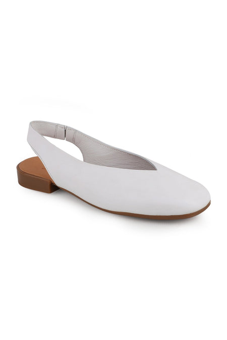 L081.25506 White Genuine Leather V-Cut Open Back Women's Ballerina Sandals - MALLTURK