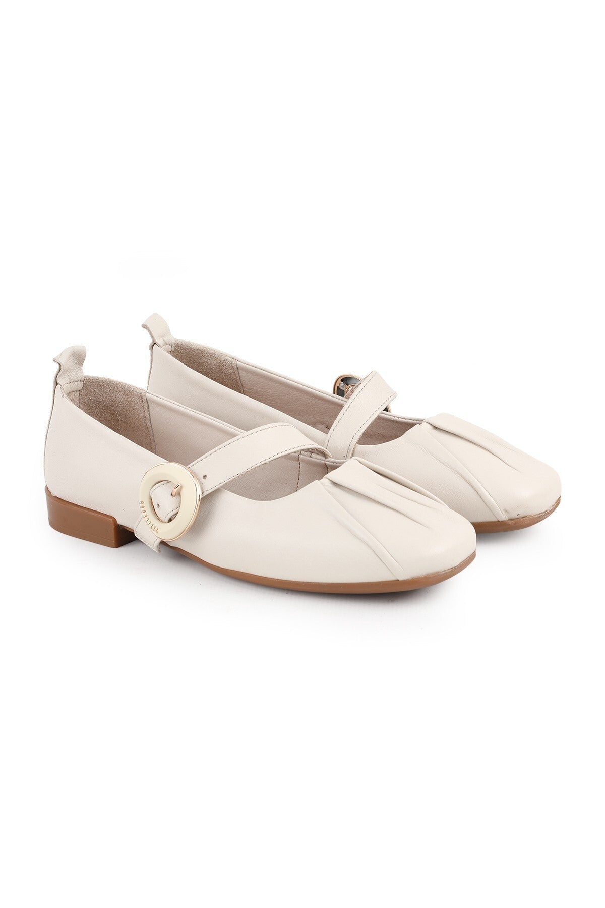 L081.25507 Beige Genuine Leather Buckle Drawstring Thermo Sole Women's Mary Jane Ballerina Shoes - MALLTURK