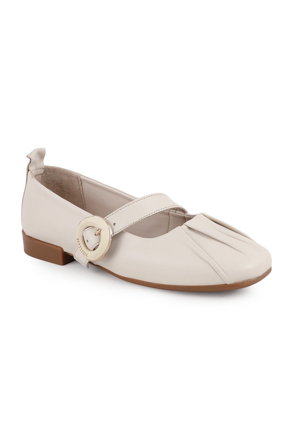 L081.25507 Beige Genuine Leather Buckle Drawstring Thermo Sole Women's Mary Jane Ballerina Shoes - MALLTURK