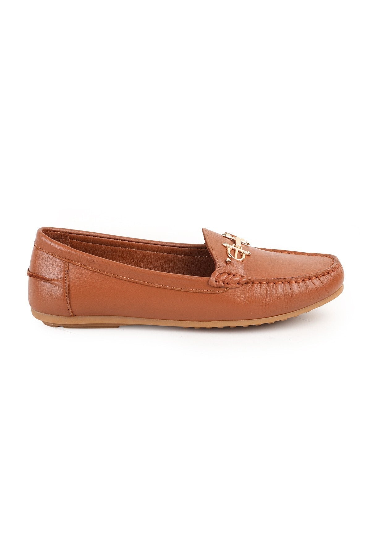 L081.25700 Tan Genuine Leather Flexible Sole Women's Loafer Moccasin with Metal Accessories - MALLTURK