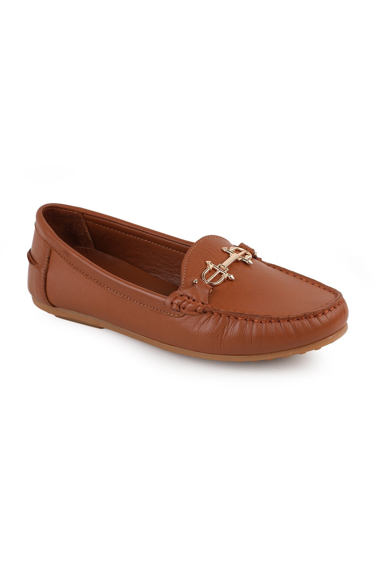 L081.25700 Tan Genuine Leather Flexible Sole Women's Loafer Moccasin with Metal Accessories - MALLTURK