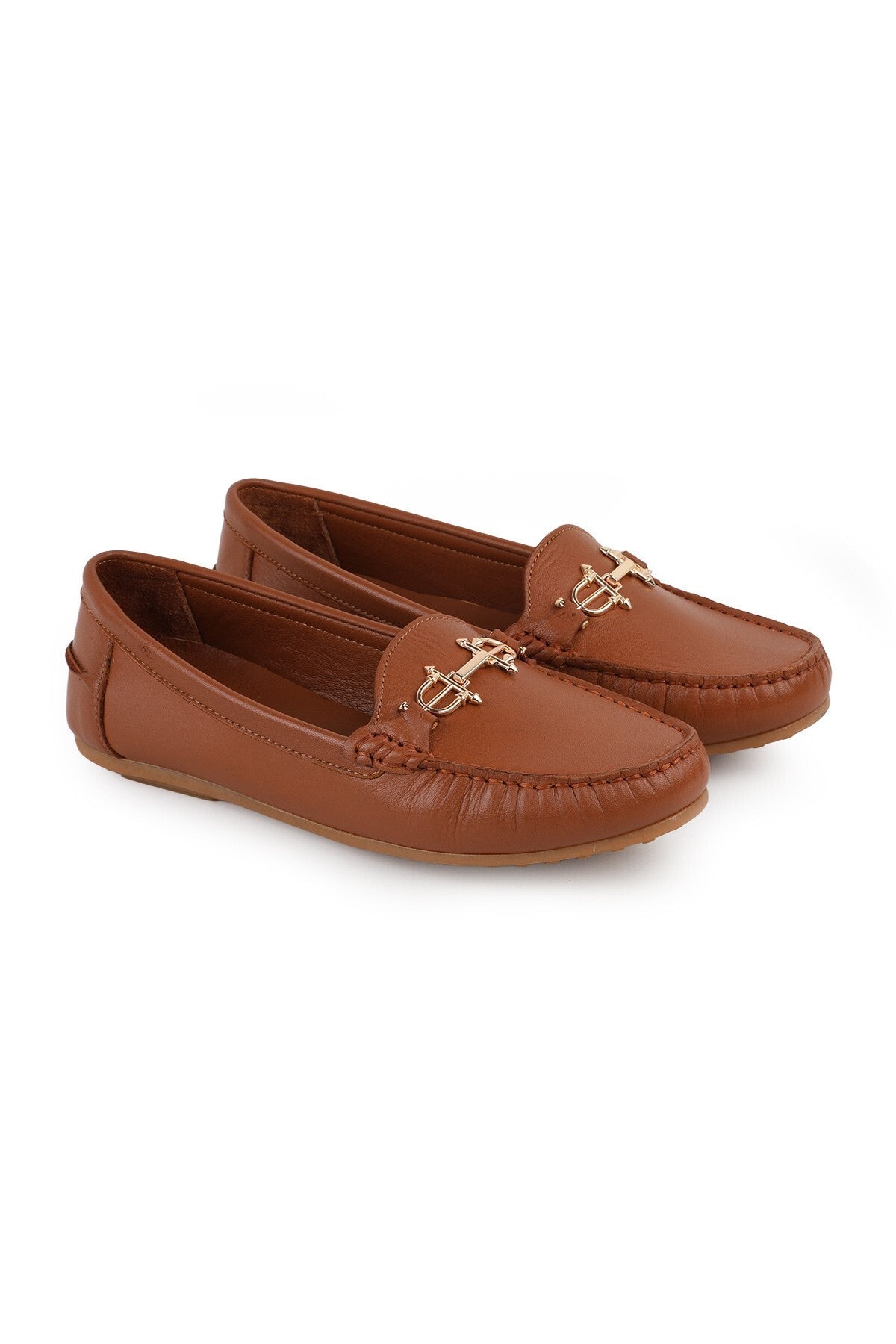 L081.25700 Tan Genuine Leather Flexible Sole Women's Loafer Moccasin with Metal Accessories - MALLTURK