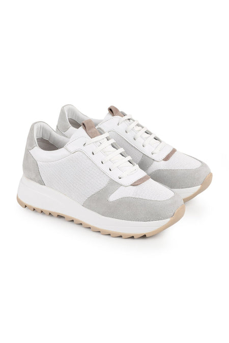 L086.919 Beyaz Gri Hakiki Baskılı Süet Deri Hafif Eva Taban Kadın Sneaker - MALLTURK