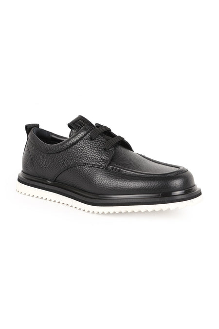 L091.5906 Black Genuine Floater Leather Lace-Up Serrated Double Color Lightweight Eva Sole Men's Casual Shoes - MALLTURK