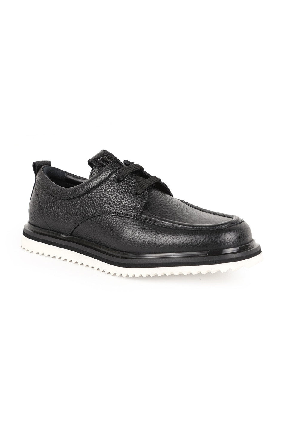 L091.5906 Black Genuine Floater Leather Lace-Up Serrated Double Color Lightweight Eva Sole Men's Casual Shoes - MALLTURK