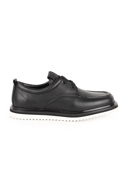 L091.5906 Black Genuine Floater Leather Lace-Up Serrated Double Color Lightweight Eva Sole Men's Casual Shoes - MALLTURK