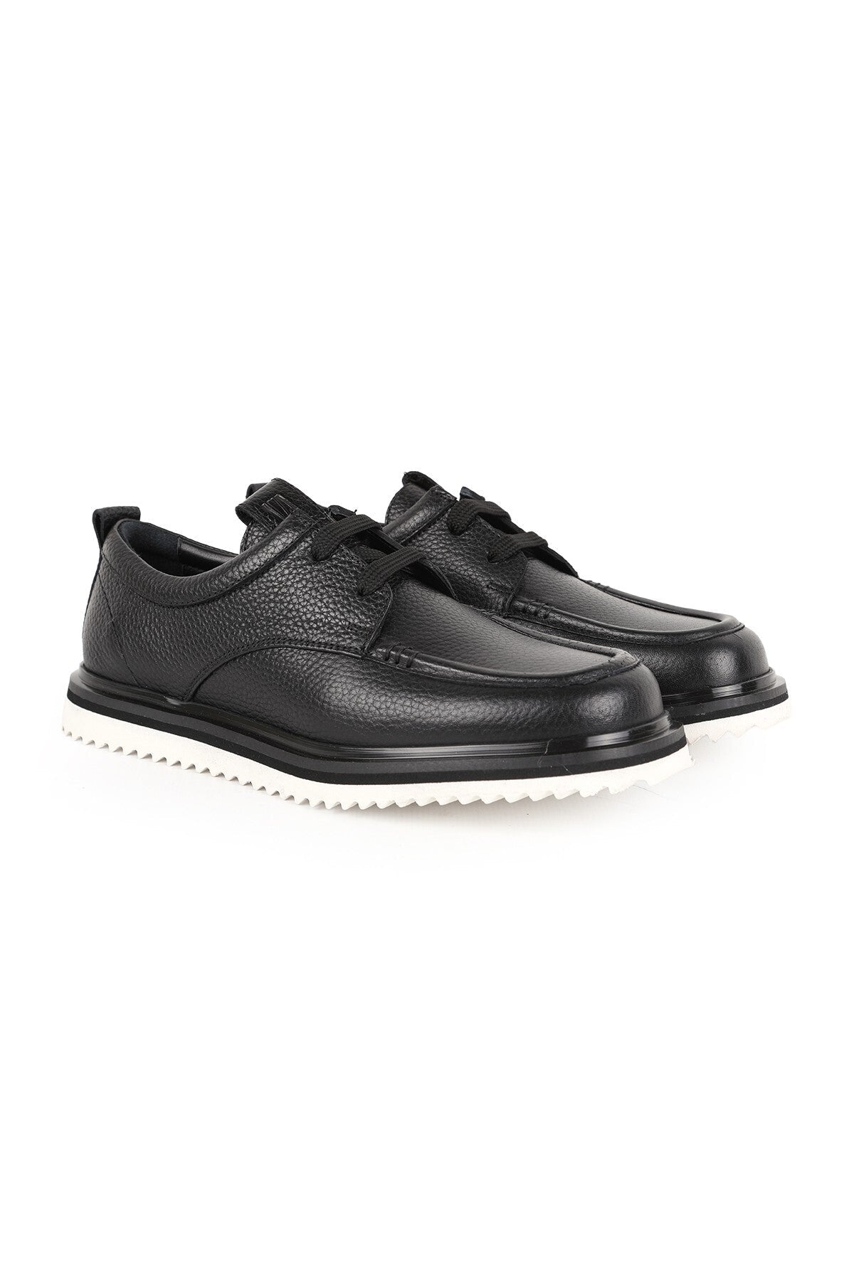 L091.5906 Black Genuine Floater Leather Lace-Up Serrated Double Color Lightweight Eva Sole Men's Casual Shoes - MALLTURK