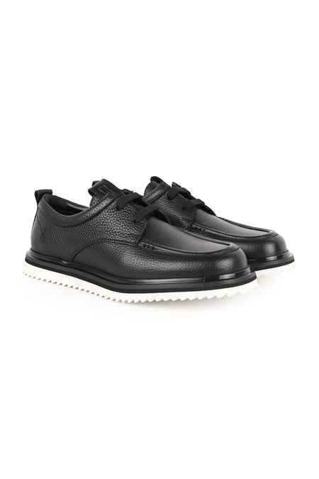 L091.5906 Black Genuine Floater Leather Lace-Up Serrated Double Color Lightweight Eva Sole Men's Casual Shoes - MALLTURK