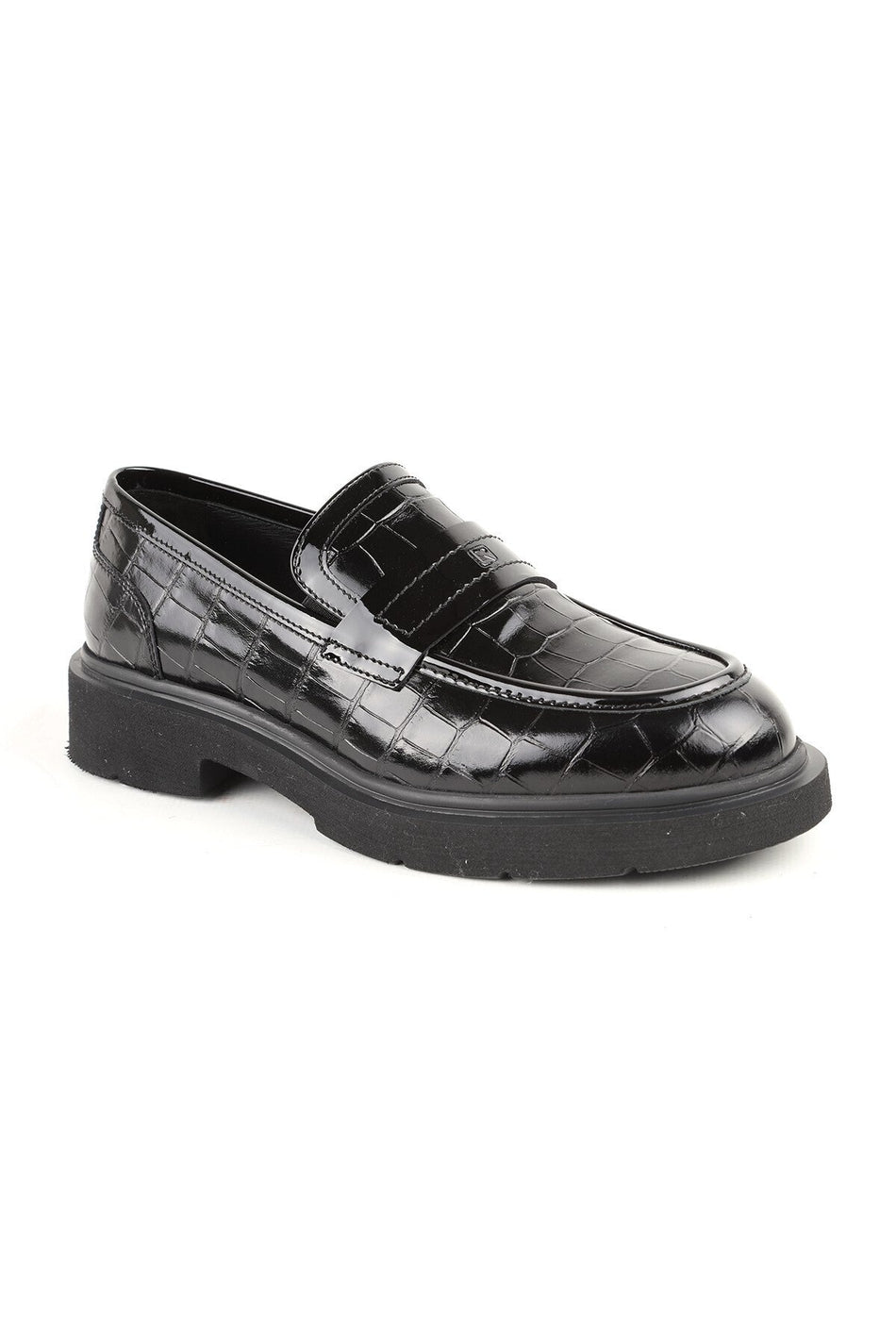 L5370 Black Genuine Leather Crocodile Printed Patent Leather Thick EVA Sole Men's Trend Loafers Shoes - MALLTURK