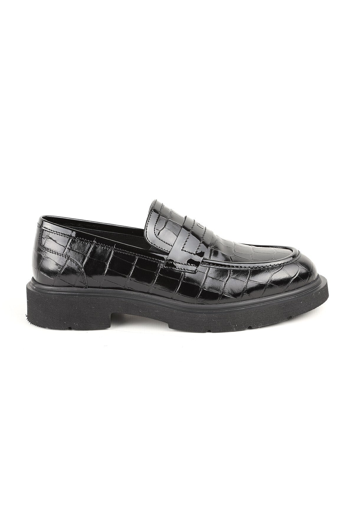 L5370 Black Genuine Leather Crocodile Printed Patent Leather Thick EVA Sole Men's Trend Loafers Shoes - MALLTURK
