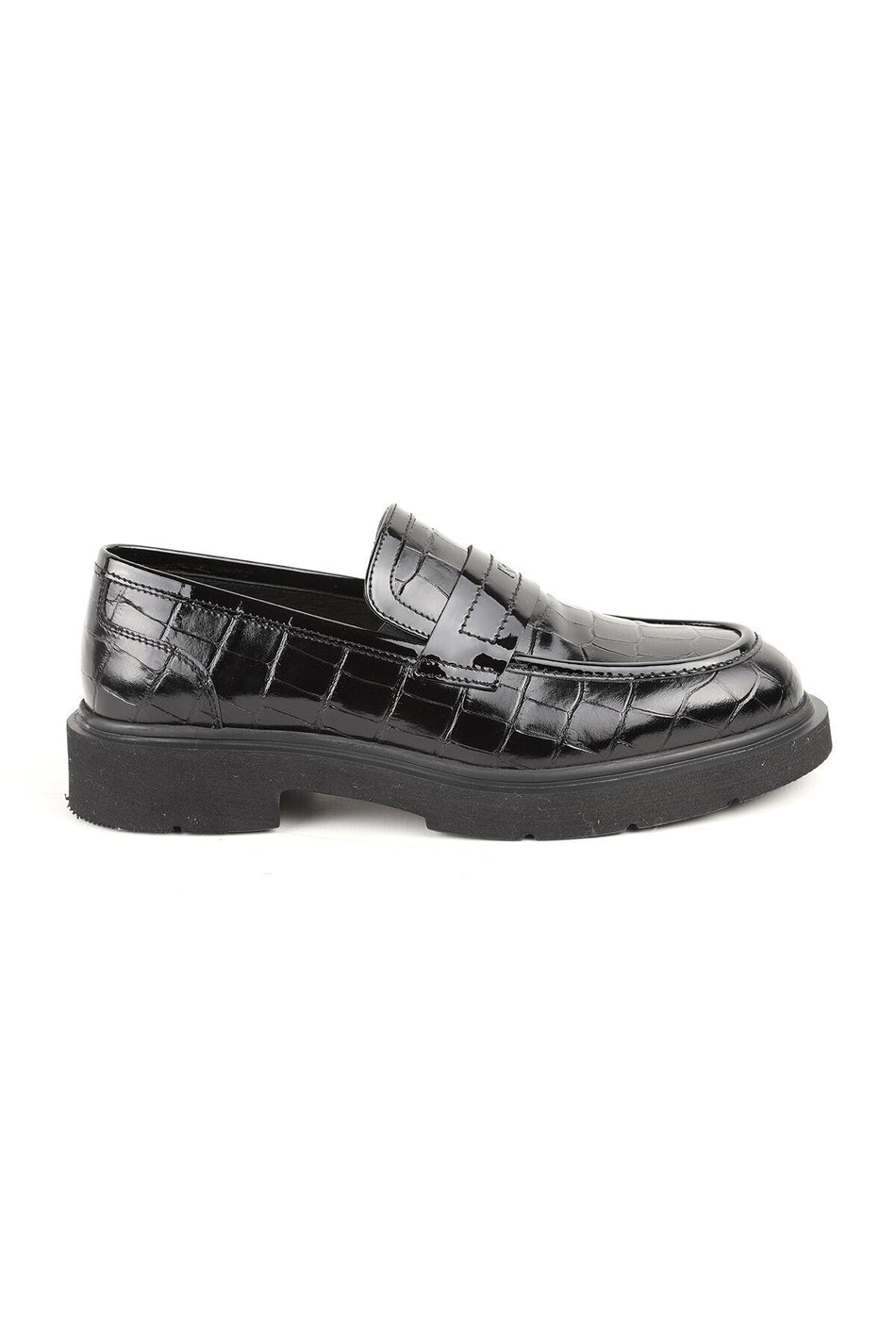 L5370 Black Genuine Leather Crocodile Printed Patent Leather Thick EVA Sole Men's Trend Loafers Shoes - MALLTURK