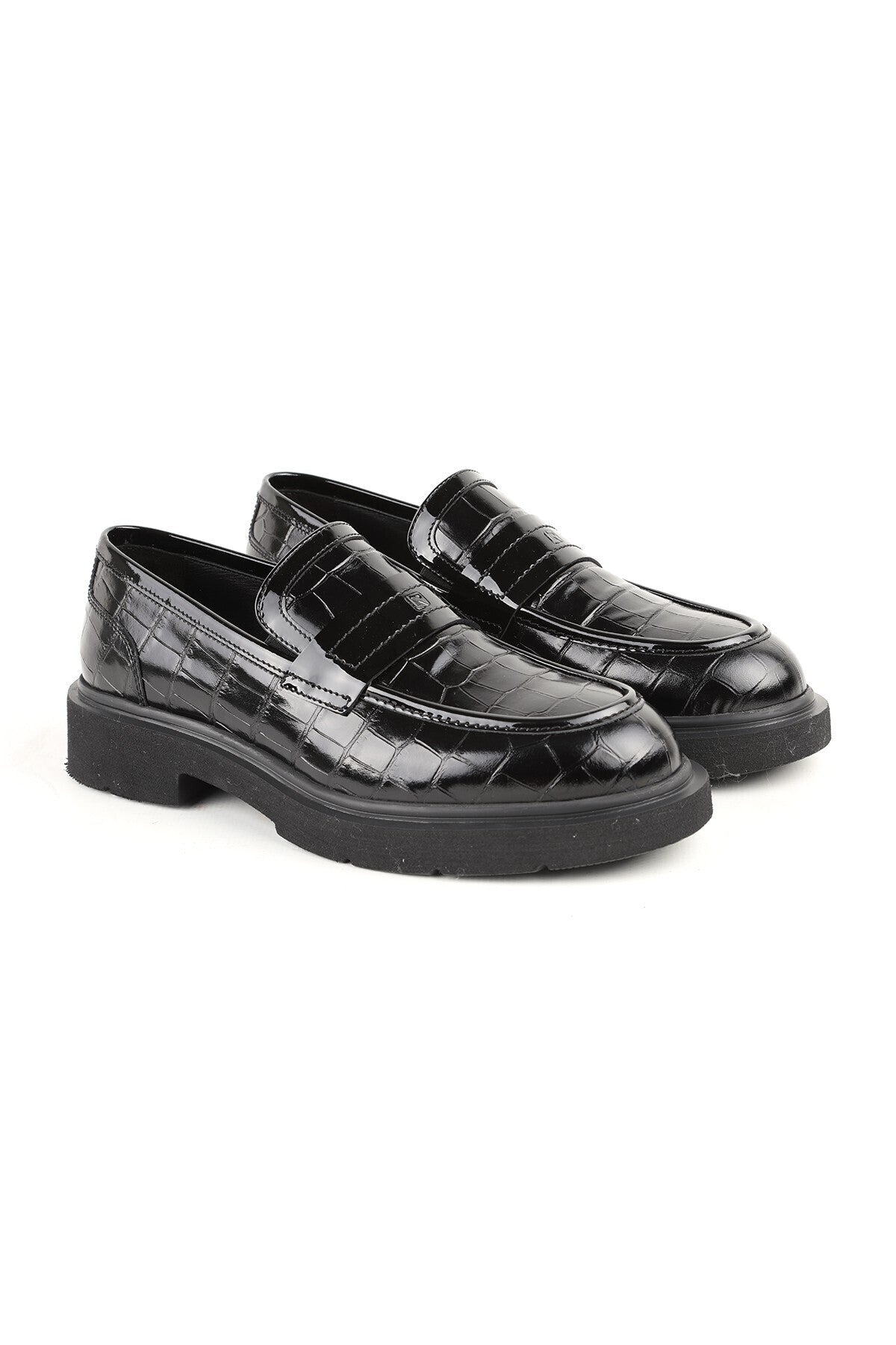 L5370 Black Genuine Leather Crocodile Printed Patent Leather Thick EVA Sole Men's Trend Loafers Shoes - MALLTURK