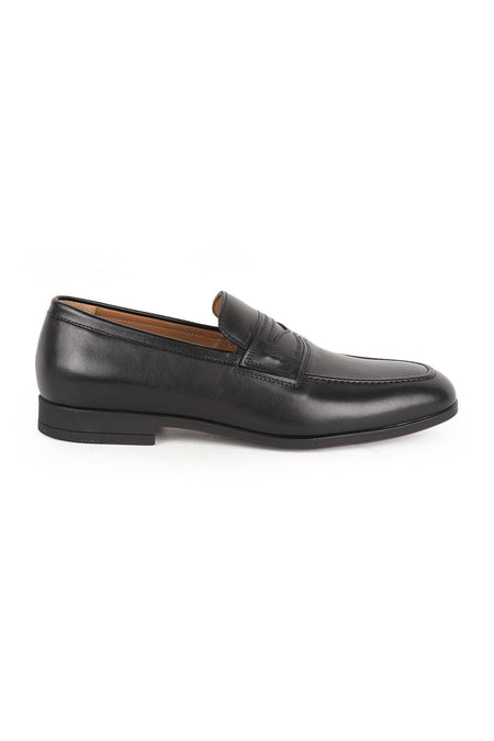 L5937 Men's Black Genuine Leather Stitched Apron Bridge Flexible Rubber Sole Classic Loafer - MALLTURK