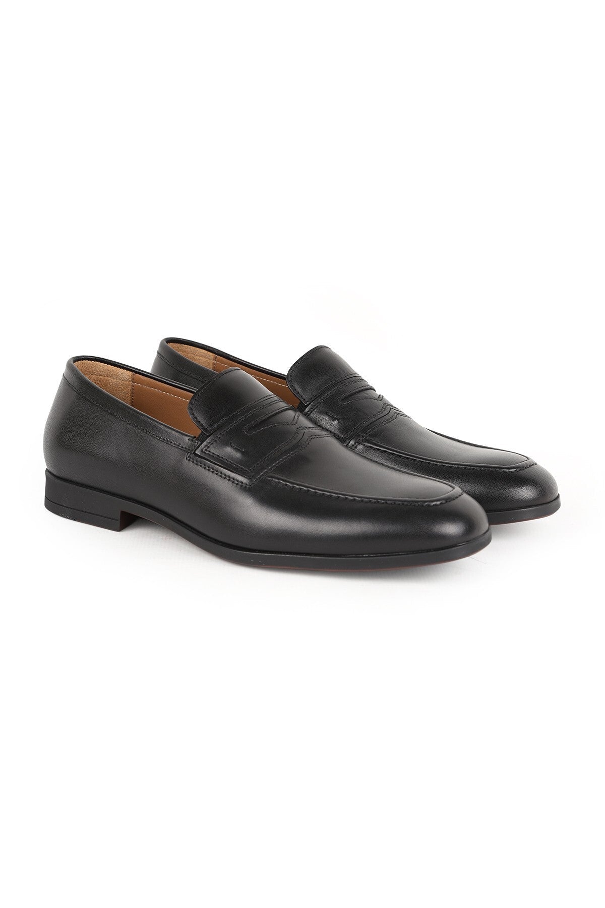 L5937 Men's Black Genuine Leather Stitched Apron Bridge Flexible Rubber Sole Classic Loafer - MALLTURK