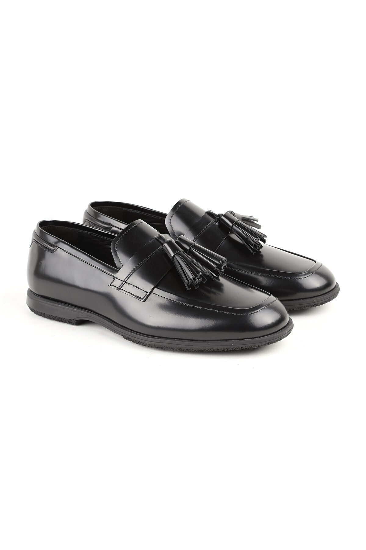 L6022 Black Genuine Leather Tasseled Stretchy Rubber Sole Men's Classic Loafers Shoes - MALLTURK