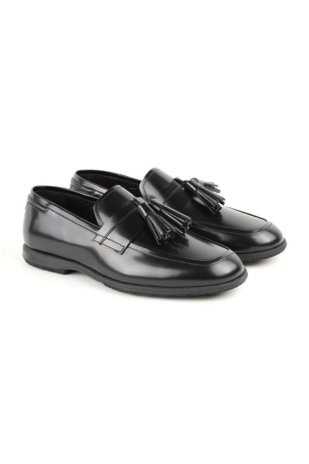 L6022 Black Genuine Leather Tasseled Stretchy Rubber Sole Men's Classic Loafers Shoes - MALLTURK